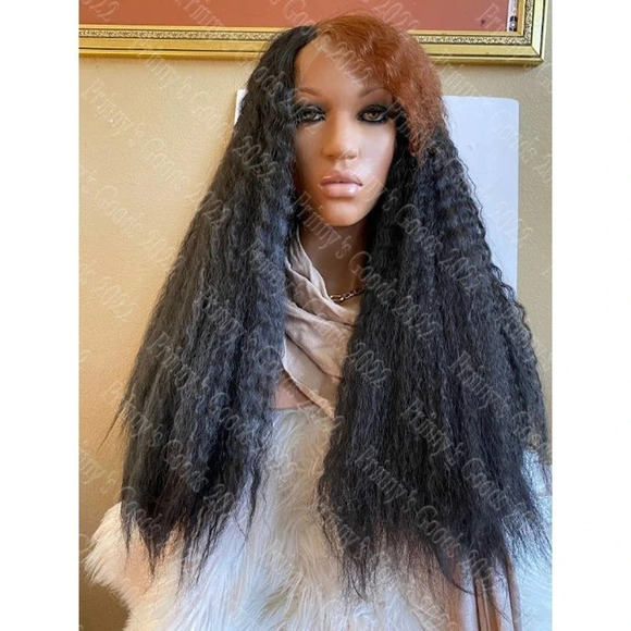 Synthetic Lace Front Wig Kinky Straight 1B/30 Bangs 20" Long Hair Deep Part U - Picture 4 of 12